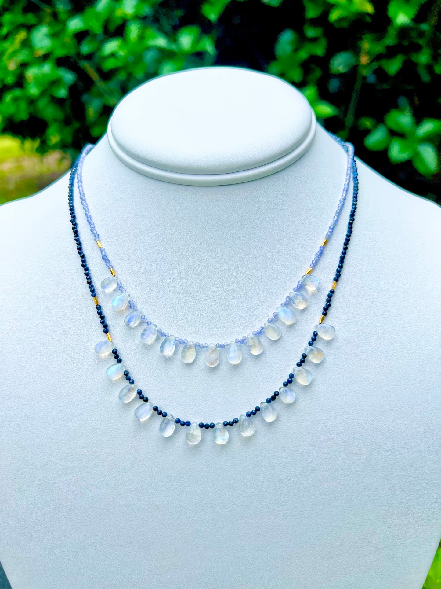 Blue Moonstone Drops on Tanzanite Chain