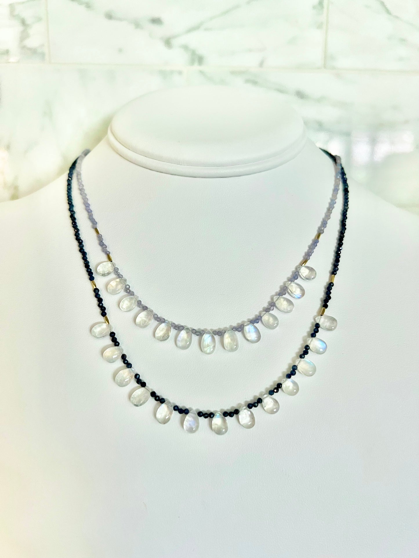Blue Moonstone Drops on Tanzanite Chain