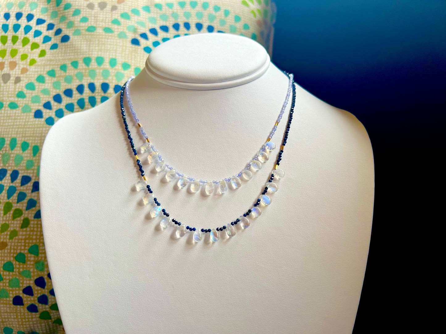 Blue Moonstone Drops on Tanzanite Chain