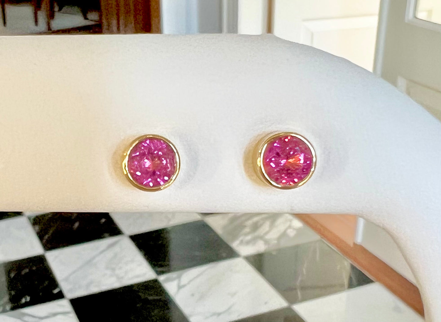 California Pink Tourmaline Bezel Earrings