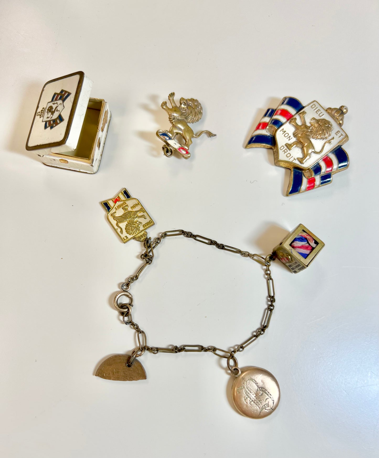Bundles for Britain charm bracelet, 2 pins, pill box memorabilia set