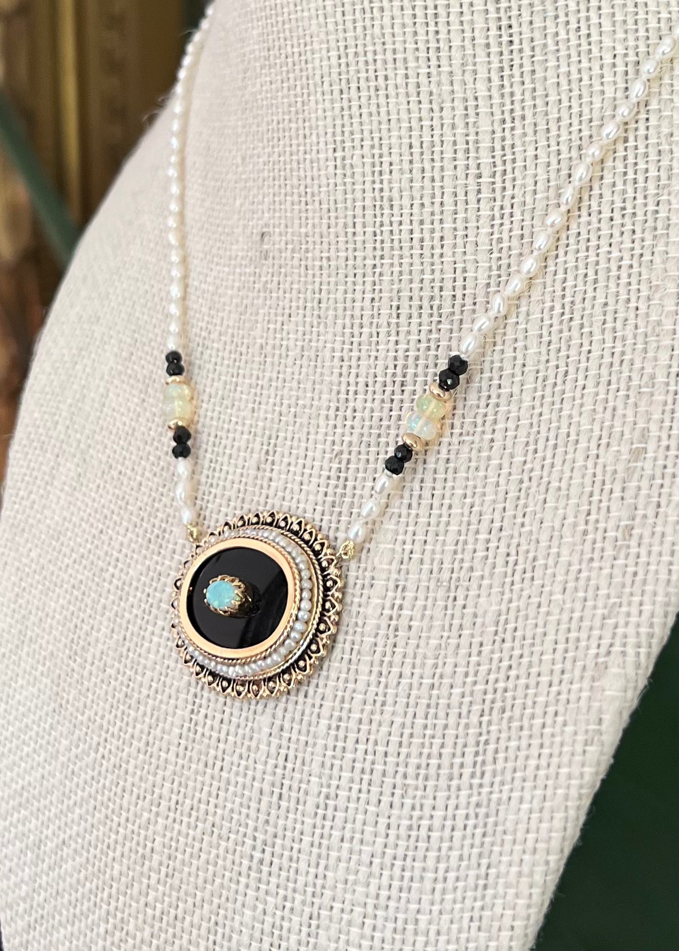 Onyx, Opal, and Pearl Necklace