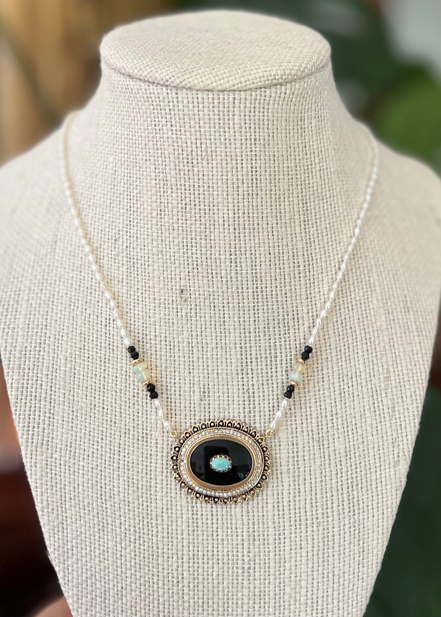 Onyx, Opal, and Pearl Necklace